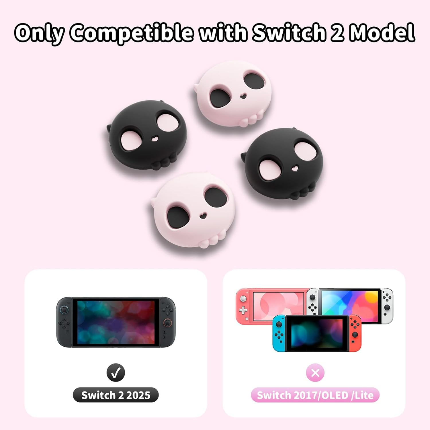 Geekshare Skull Joystick Caps Compatible with Nintendo Switch 2, Anti-Slip Silicone Thumb Grip Caps for Switch 2025, Black & Pink, 4PCS - Pink  Black image number 3