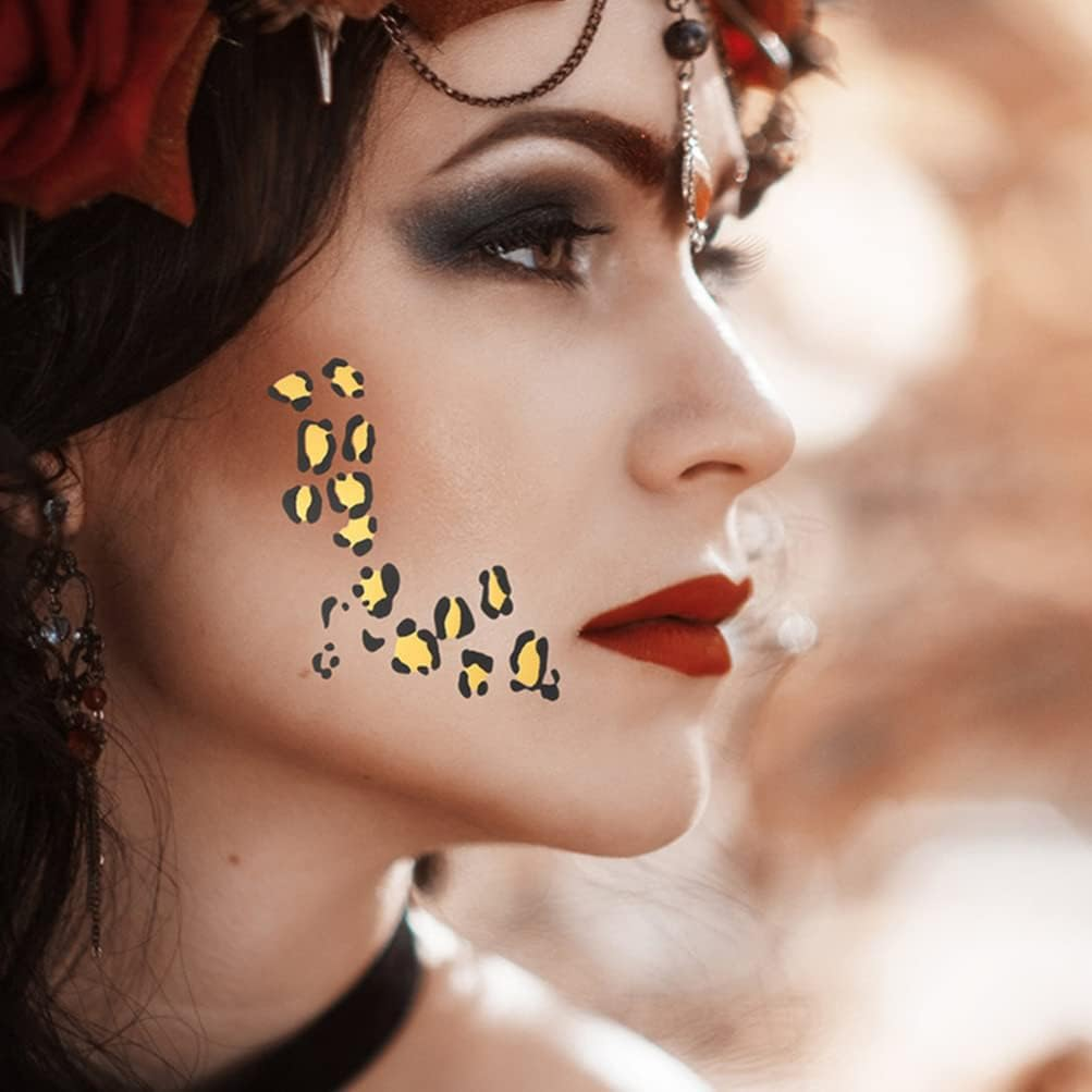 Lurrose Leopard Print Temporary Tattoos Leopard Face Stickers Leopard Makeup Tattoos for Halloween Party Favors, 8 Sheets