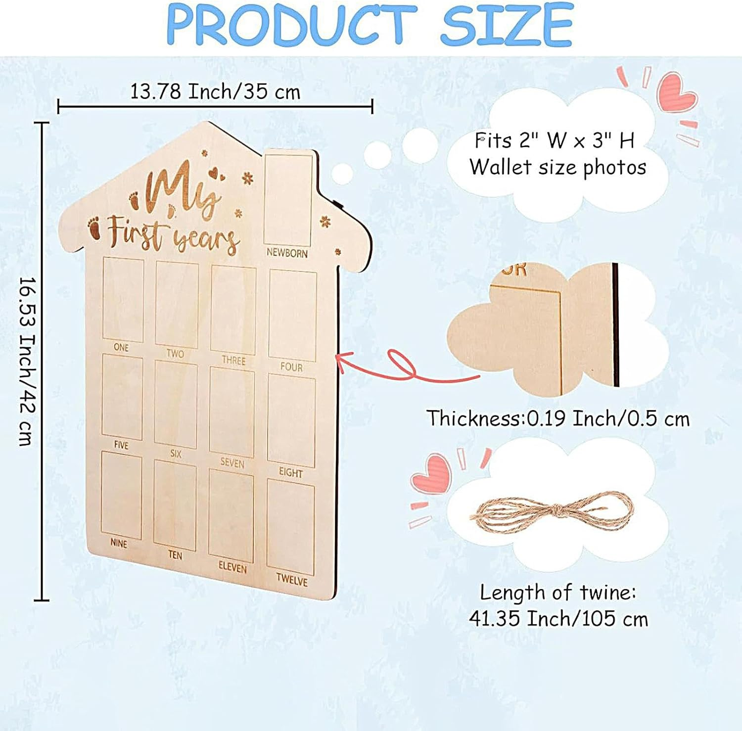 Newborn Frames - Wooden Monthly Garland First Birthday Timeline | Decorative Memory Banner with Clips for Baby Photo Showcase, Room Ornament, Mo image number 5