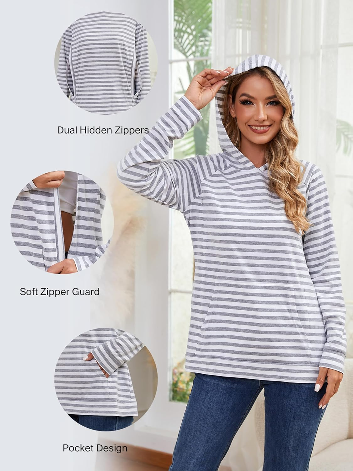 Liu & Qu Women'S Nursing Sweatshirts for Breastfeeding with Hidden Zipper Long Sleeve Maternity Hoodie Causal Clothes image number 3