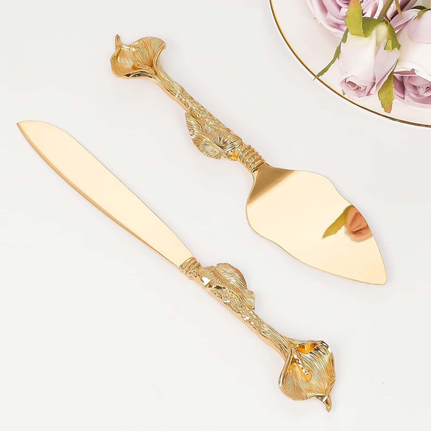 Personalized Gold Cake Knife and Server Set, Engraved Pastry Pie Server Cake Pizza Cutter, Wedding and Birthday Bridal Gift (F-Rustic) image number 1