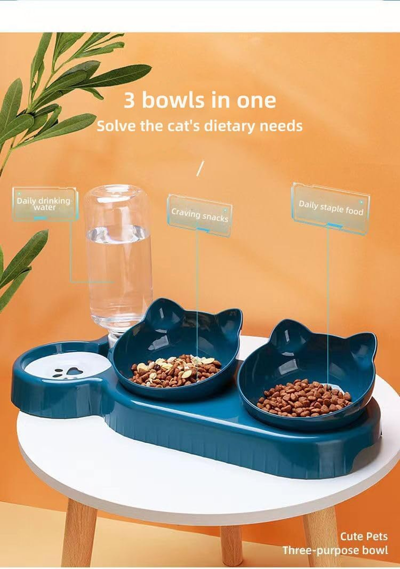 Triple Cat Bowls,15&deg;Tilt 3-In-1 Water Feeder Bowls Cat Double Food Bowls， Whisker Friendly Wet and Dry Cat Elevated Feeding Dishes for Small Cat and Puppy (Blue, One Size) image number 5