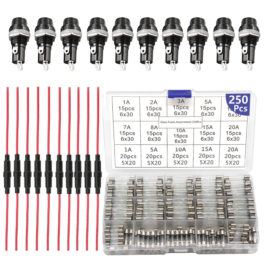 Aikoolwer Glass Fuse Kit 10Pcs Fuse Holder Inline Screw Type 20 AWG Red Wire 10Pcs Screw Cap Socket 5X20Mm 6X30Mm 1‑20A 250V Fast-Blow Glass Tube Car image number 1