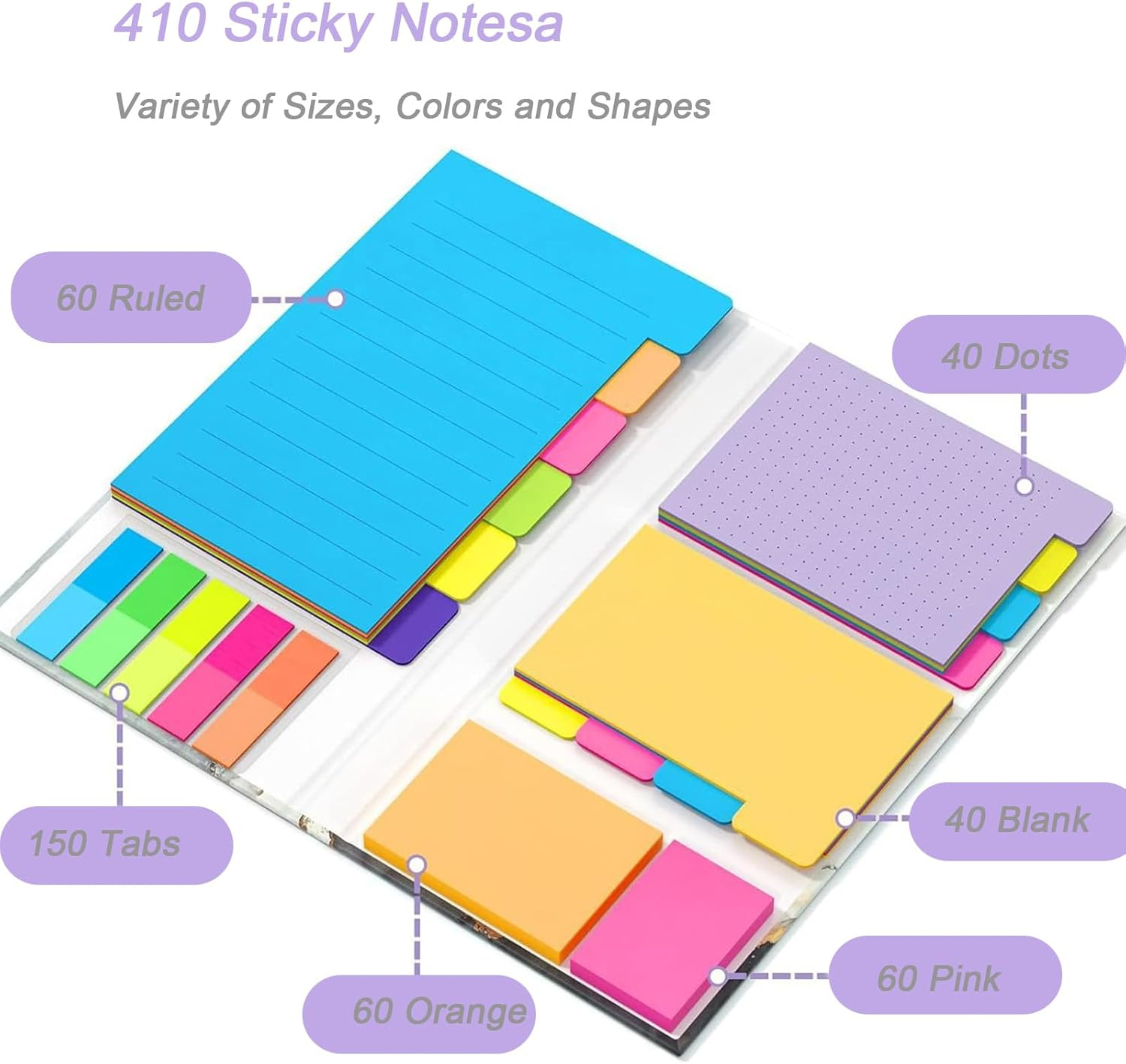 HENWUBEI 410-Sheet Sticky Note Set with 6 Sizes & Colors, Reusable Self-Adhesive Planner Sticky Notes for Students, Teachers, Office,Divider Tabs - Portable Leather Organizer image number 6