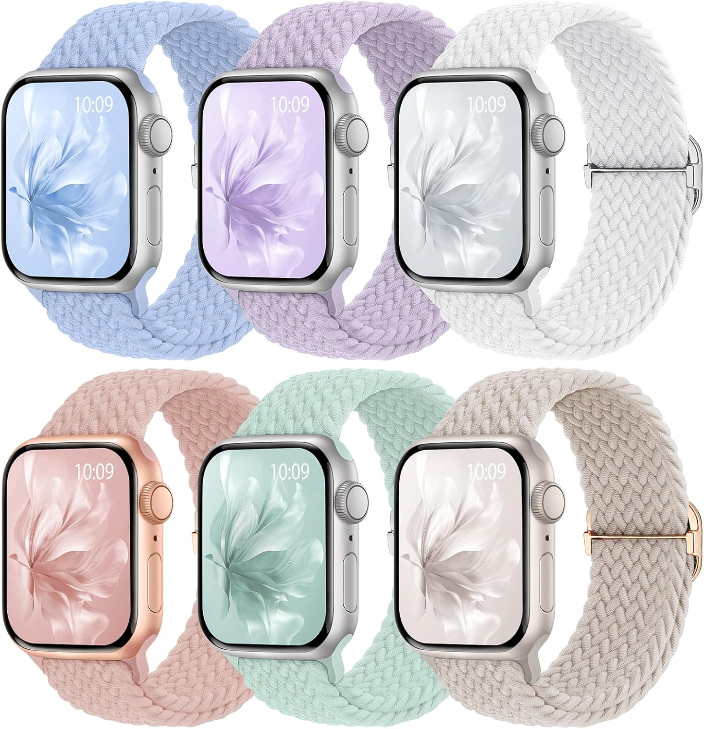 6 Pack Braided Stretchy Bands Compatible with Apple Watch Band 38Mm 40Mm 41Mm 42Mm 44Mm 45Mm 46Mm 49Mm Women Men, Adjustable Nylon Solo Loop Elastic Straps for Iwatch Series 11 10 9 8 7 6 5 4 SE Ultra