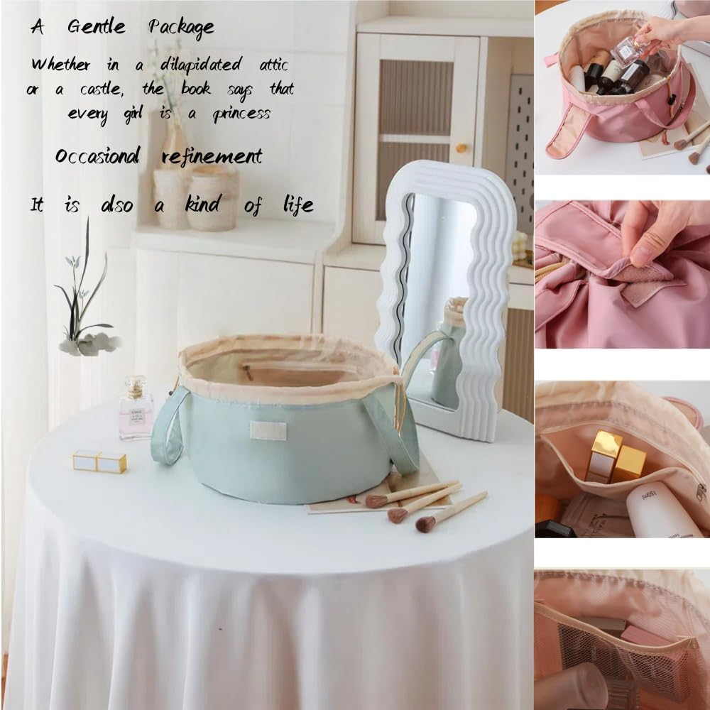 Drawstring Makeup Bag or Lay Flat Drawstring Makeup Bag Portable Large Cosmetic Organizer Travel Toiletry Brush Pouch for Bag Enthusiast(Green) image number 4