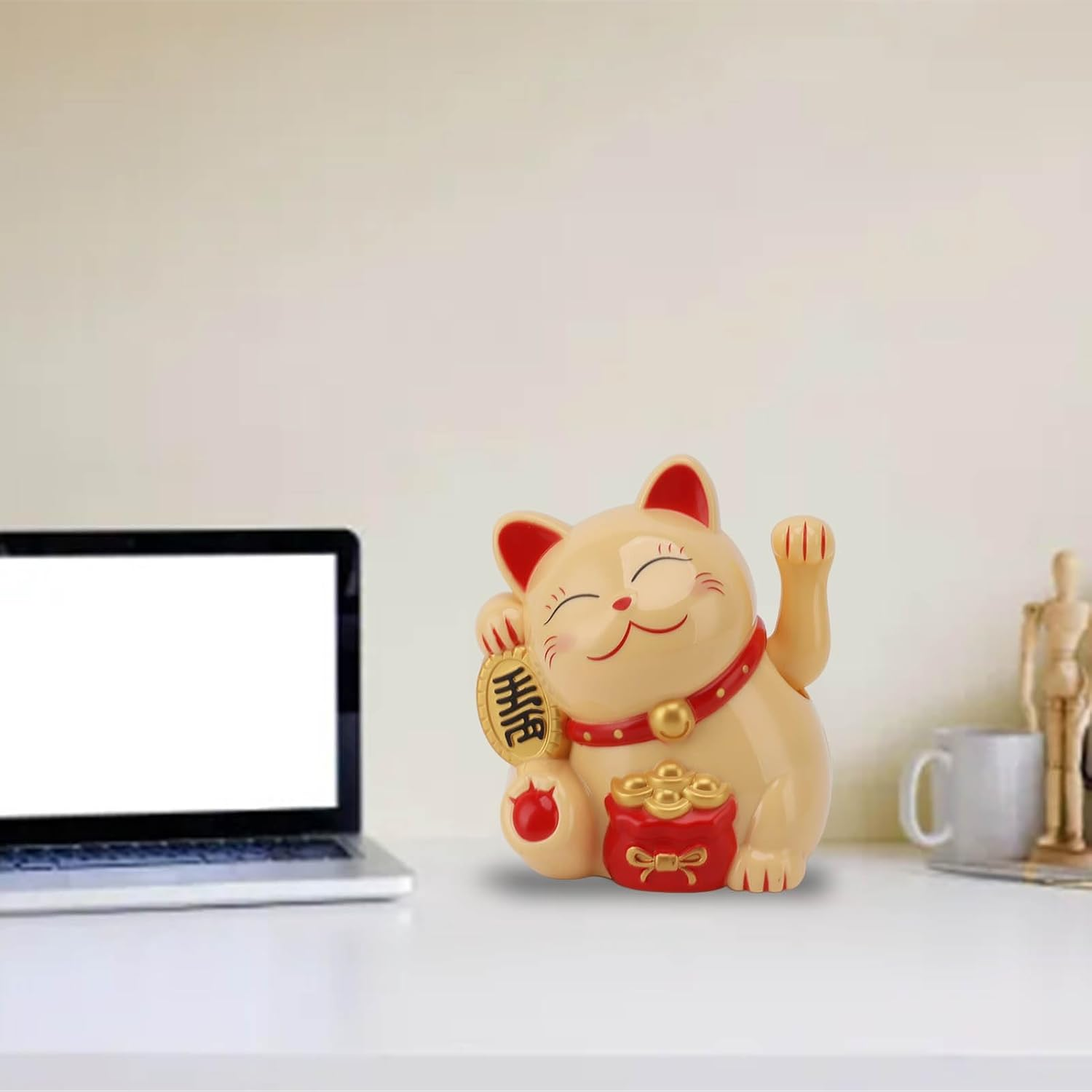 Bewinner Waving Lucky Cat, Solar Powered Cute Waving Cat Good Luck Wealth Welcoming Cats Home Display Car Decor Feng Shui Decoration (Yellow) image number 2