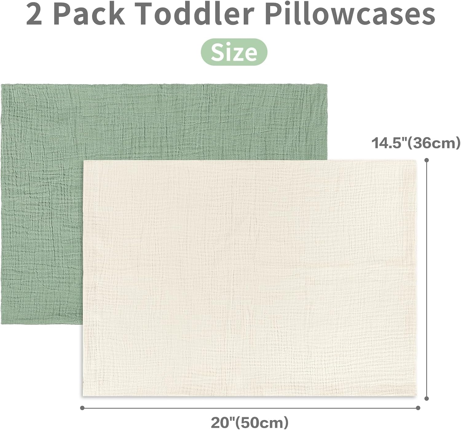 Muslin Toddler Pillowcase for 13 X 18 Pillow, 2 Pack Small Travel Pillow Cases Covers with Envelope Closure, Soft & Breathable Kids Pillowcase for Girls Boys, Apricot & Green - Grey + Green image number 4
