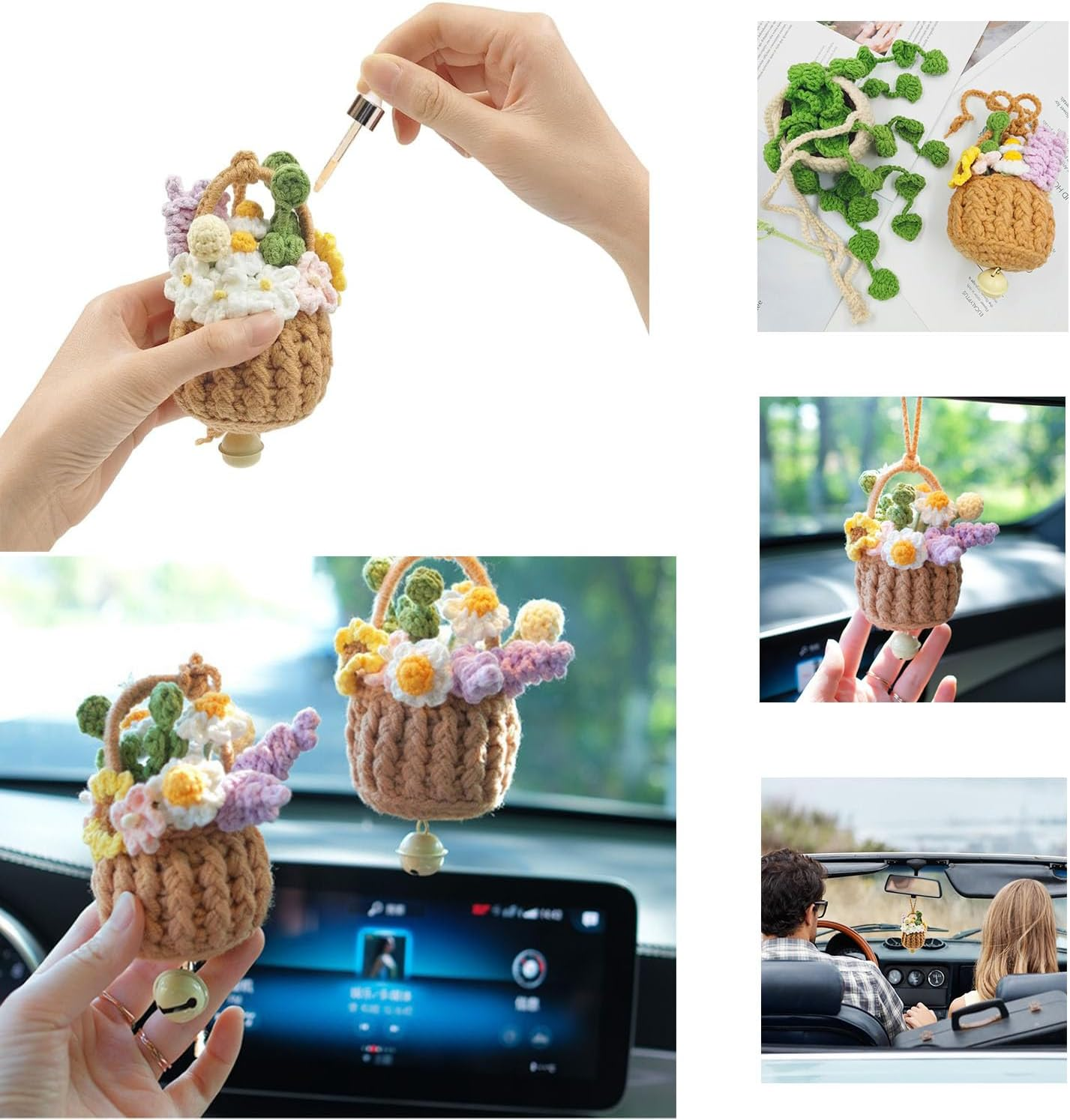 Crochet Hanging Plant for Car, 2 Pcs Car Decoration Hand Knitted Car Pendant for Women Cute Car Plant Accessories Knitted Plant Car Mirror Hanger Boho Car Plant Crochet Hanging Basket image number 2