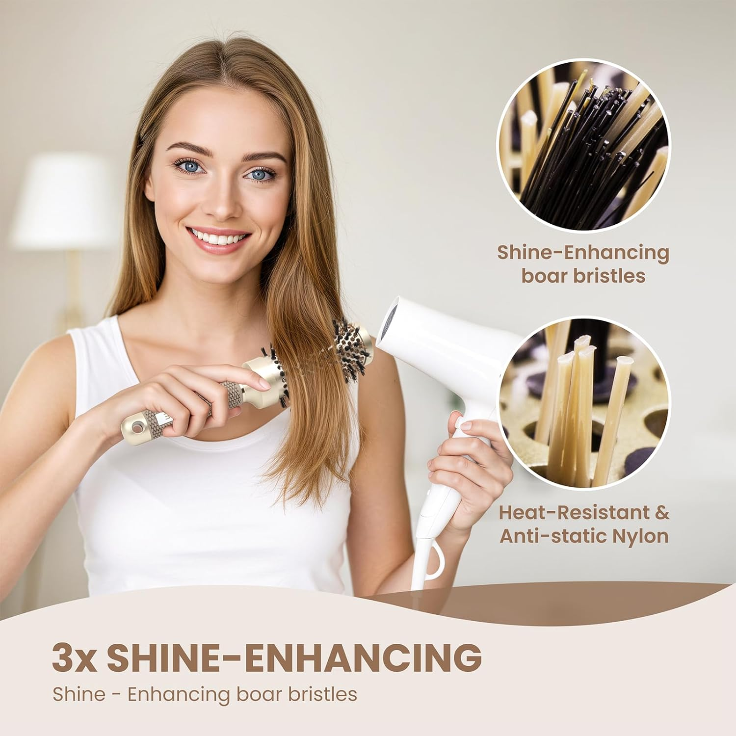 AIMIKE round Hair Brush, Nano Thermal Ceramic & Ionic Tech round Brush, Blow Dry Hair Brush with Boar Bristles, Barrel Brush for Styling, Curling, Add Volume & Shine (2.9 Inch, Barrel 1.7 Inch) image number 4