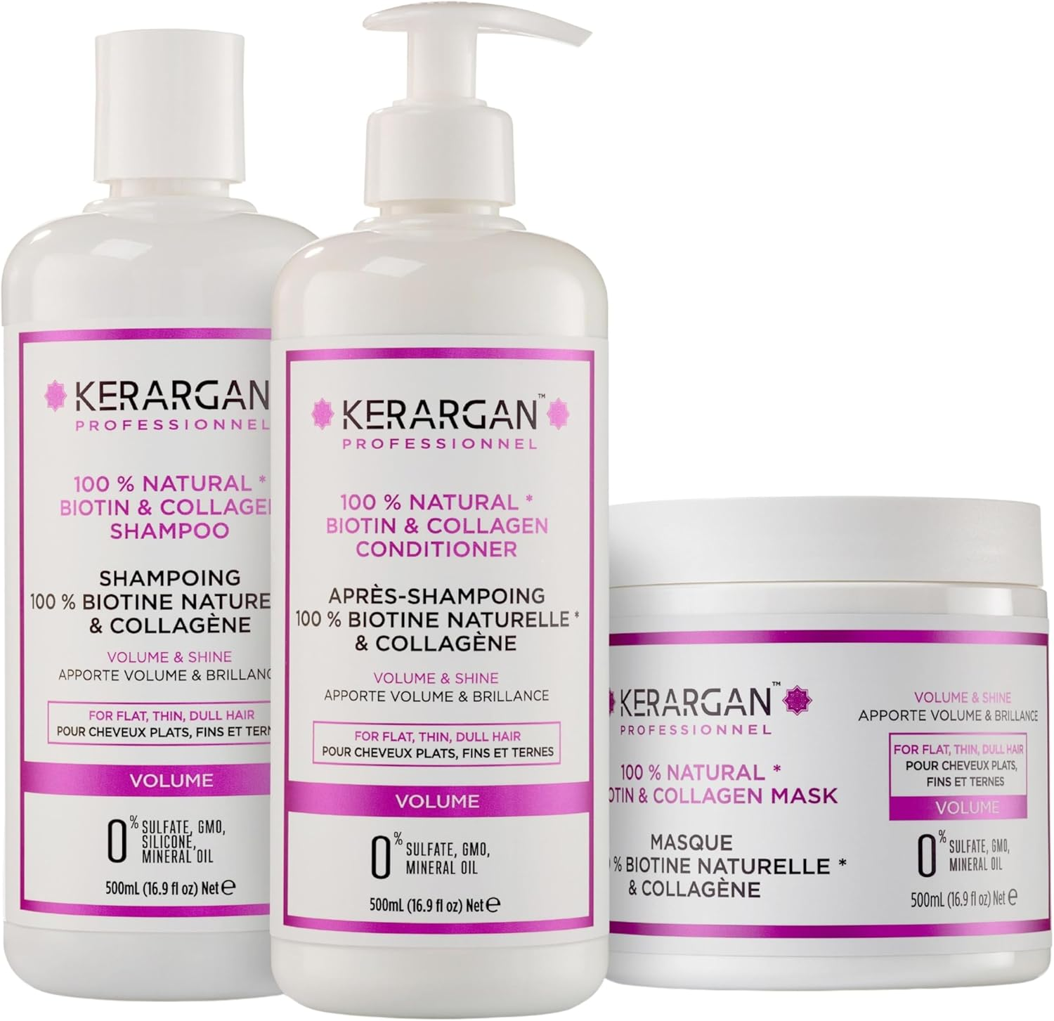 Kerargan - Shampoo, Conditioner and Mask with Biotin and Collagen to Give Your Hair Strength, Shine and Vitality - for Damaged Hair - No Sulphate, Parabens, Silicone - 3 X 500 Ml image number 1