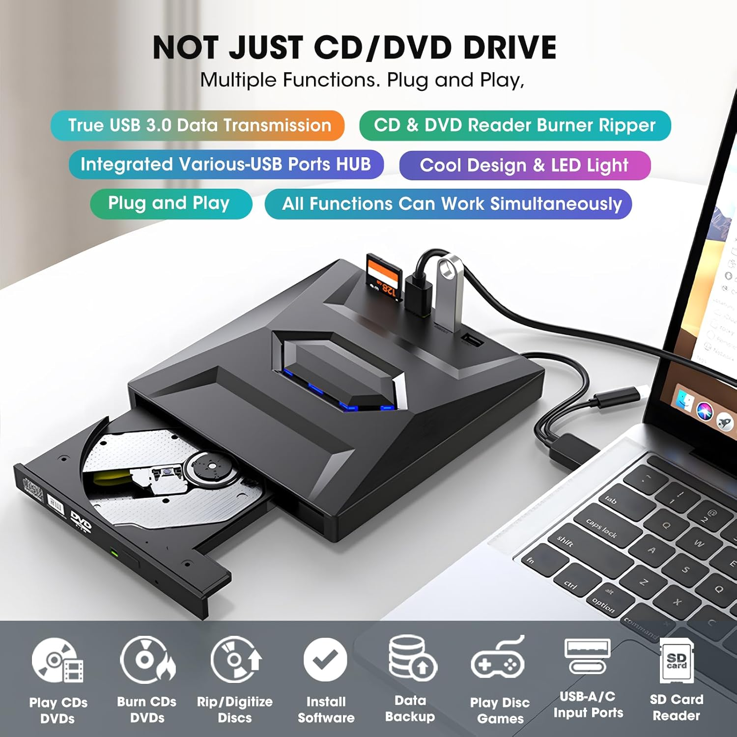 ROOFULL External CD DVD Drive USB 3.0 & USB-C CD ROM Burner DVD Player with USB Hub and SD Card Reader, Portable CD DVD +/-RW Optical Disk Drive Writer for Laptop PC Windows 11/10, Mac, Linux Computer image number 6