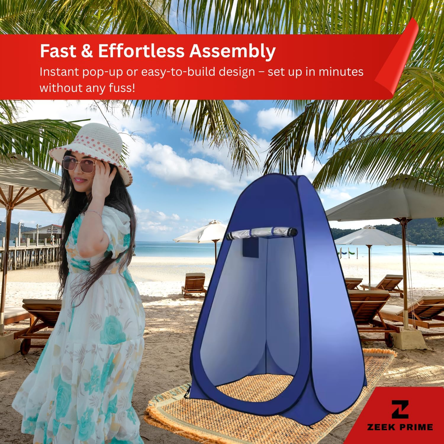 ZEEK PRIME - Camping Waterproof Pop-Up Tent with Two Windows &ndash; Portable Outdoor Privacy Shelter for Shower, Toilet & Changing | 170T Polyester, Lightweight Single & Double Sizes with Carry Bag &ndash; Blue image number 2