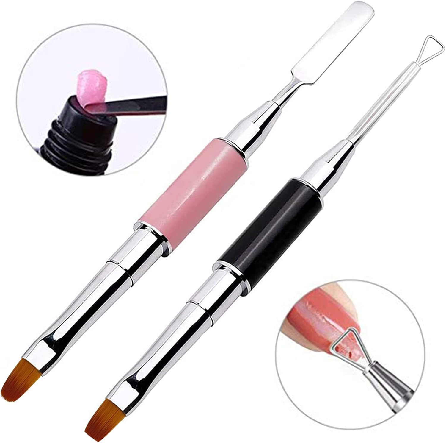 Kalolary 2Pcs Acrylic Dual-Ended Poly Gel Nail Brush, Gel Picker and Nail Pusher Peeler Scraper, Nail Polish Cuticle Remover Stainless Steel Gel for Nails Extension(Pink&Black) - Blue + Purple image number 6