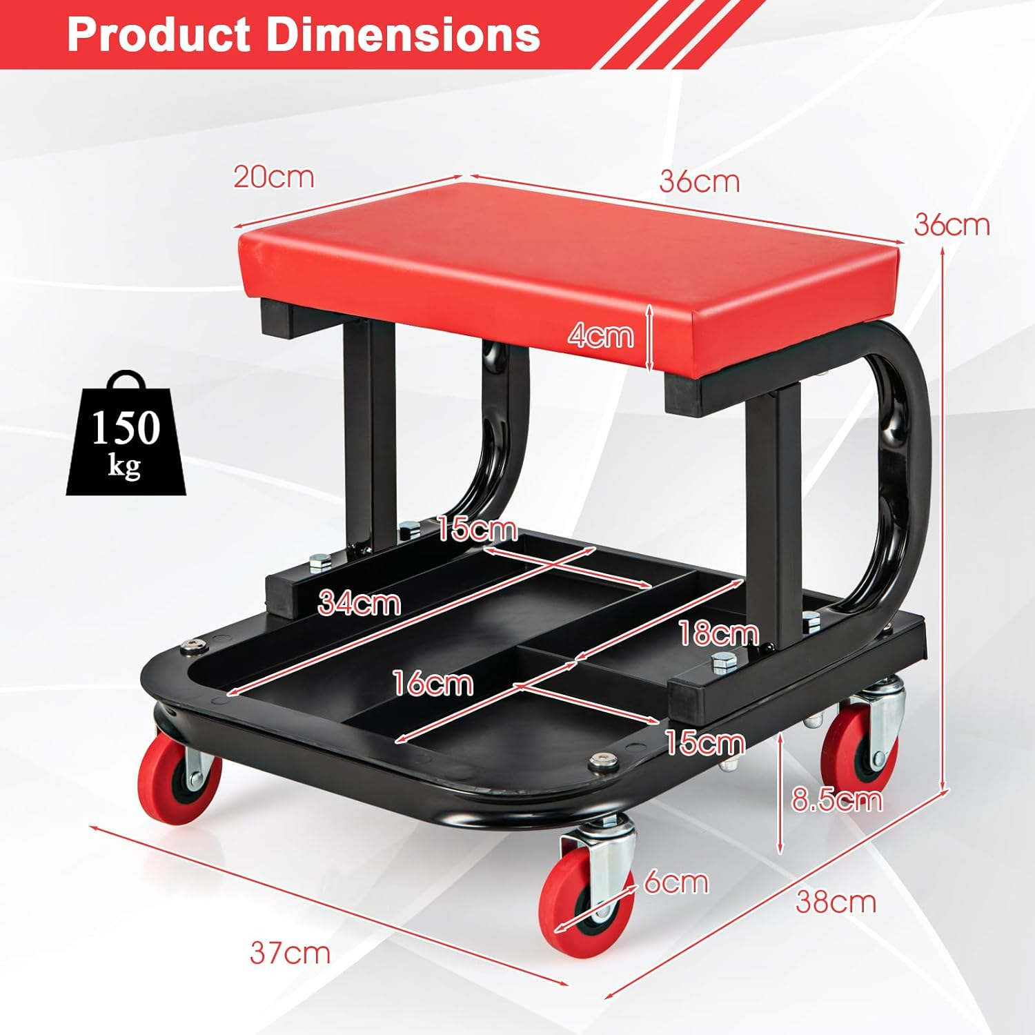 Costway Rolling Creeper, Garage/Shop Seat, Soft Padded Mechanic Seat with Tool Tray Storage, Rolling Creeper Seat with 4 Universal Casters, 150 Kg Capacity image number 2