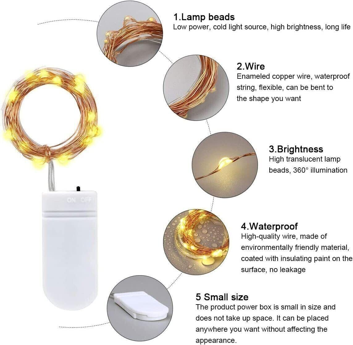 FIME. 12 Pack Fairy Lights Battery Operated, Fairy Lights for Bedroom,7 Feet 20 Led Lights Waterproof Festoon String Light Indoor, Jar Lights for Party Wedding Home D&eacute;cor Dorm Room (Warm White) image number 6