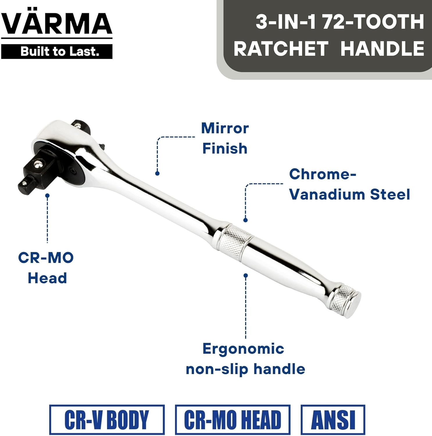 3-In-1 Ratchet Wrench &ndash; 1/2", 3/8", 1/4" Drive | 72-Tooth Reversible Ratchet Handle | CR-V Steel, 8-Inch (200Mm) | High-Torque, 5&deg; Swing Arc, CR-V Steel for Automotive & Mechanical Use