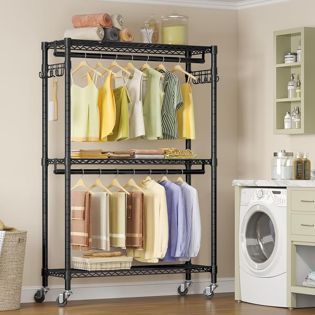 Rolling Clothes Rack,Heavy Duty Garment Rack,Adjustable Shelves and Hanging Rods, Multi-Functional Clothing Rack for All Kinds of Clothes Storage.Expandable Wardrobe and Closet Organizer.