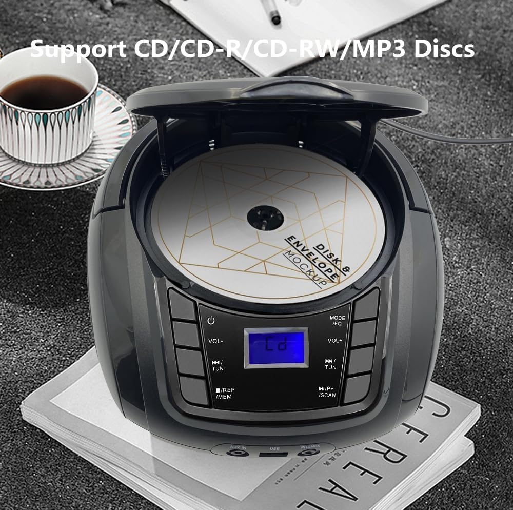 Portable Boombox - CD Player, Bluetooth, USB, MP3, AUX, FM Radio, Portable, Built-In Stereo Speakers, Carrying Handle, LCD Display, Black