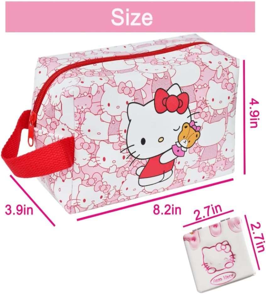 Mamaliu Travel Makeup Bag, Cartoon Makeup Bag, PU Travel Wash Bag, Girls' Makeup Storage Bag with Makeup Mirror (Red) - Red image number 4