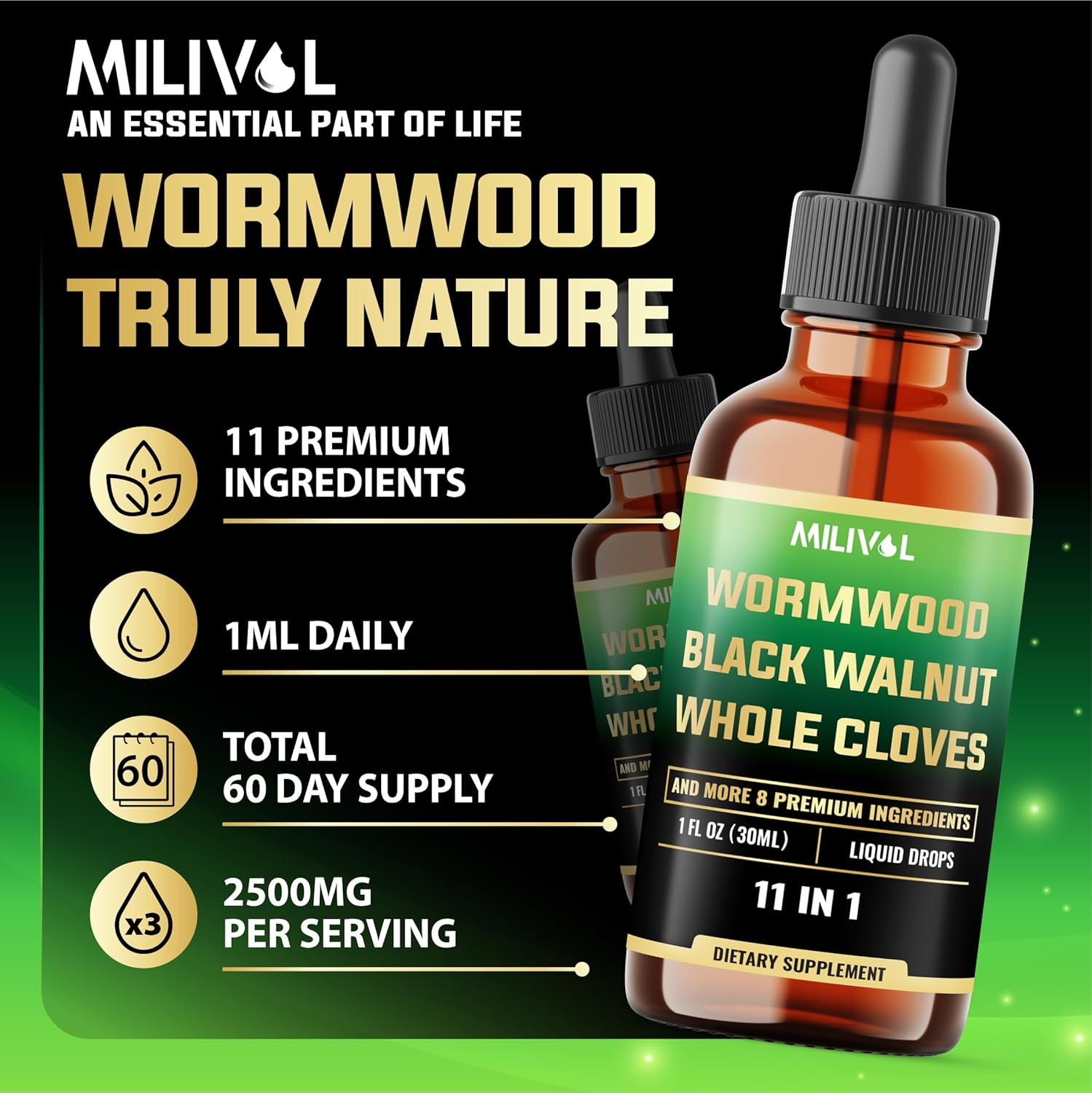 MILIVOL [ 2 Packs of 1Fl Oz ] - Wormwood Liquid Drops - Wormwood Extract Tincture with Black Walnut, Whole Cloves & 8 More Herbs - 60 Days Supply image number 4