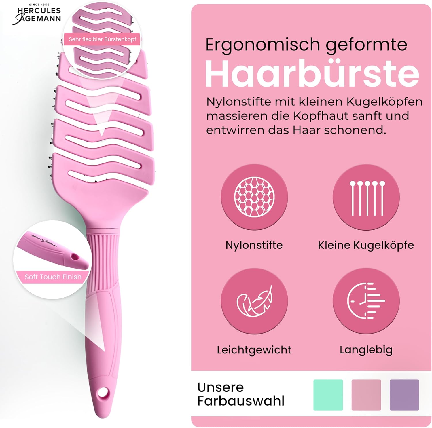 HERCULES S&Auml;GEMANN - Flexy Shape Brush (Wide) | Hair Brush for Extra Gentle Detangling Hairbrush with Ergonomic Handle with Vegan Bristles and Nylon Pins for Healthy Hair | Colour: Soft Pink image number 7