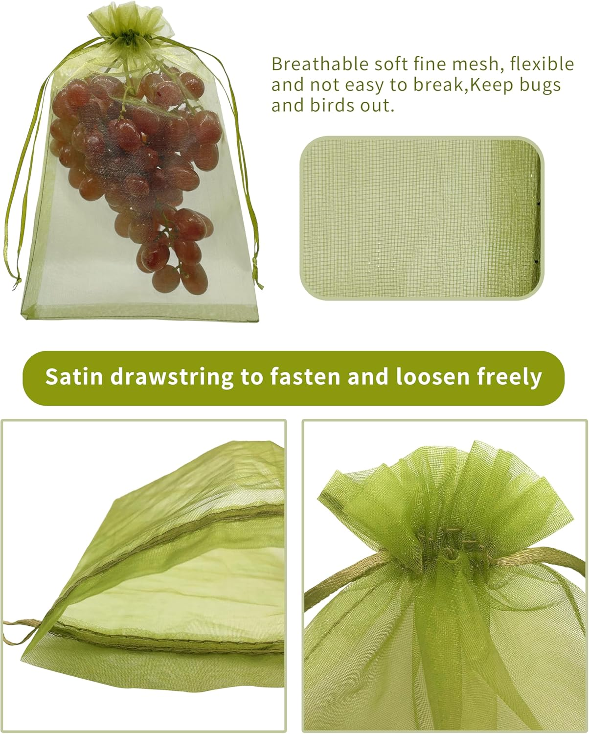 Jexila 50 Pack Fruit Protection Bags 12X16 Inch Fruit Netting Bags for Fruit Trees Fruit Cover Mesh Drawstring Bags Fruit Protectors Pest Barrier for Grapes Mango Flower Veggies Garden