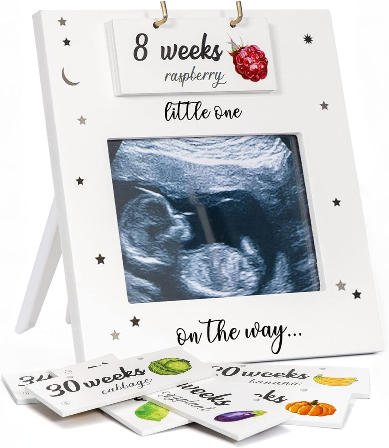 BUULUE Ultrasound Picture Frame, Sonogram Picture Frame with Belly Bump Fruit & Vegetable Signs, Expecting Parents to Be Unique Gifts for Pregnant Women, Pregnancy Milestone to Track Baby Grow, White image number 1