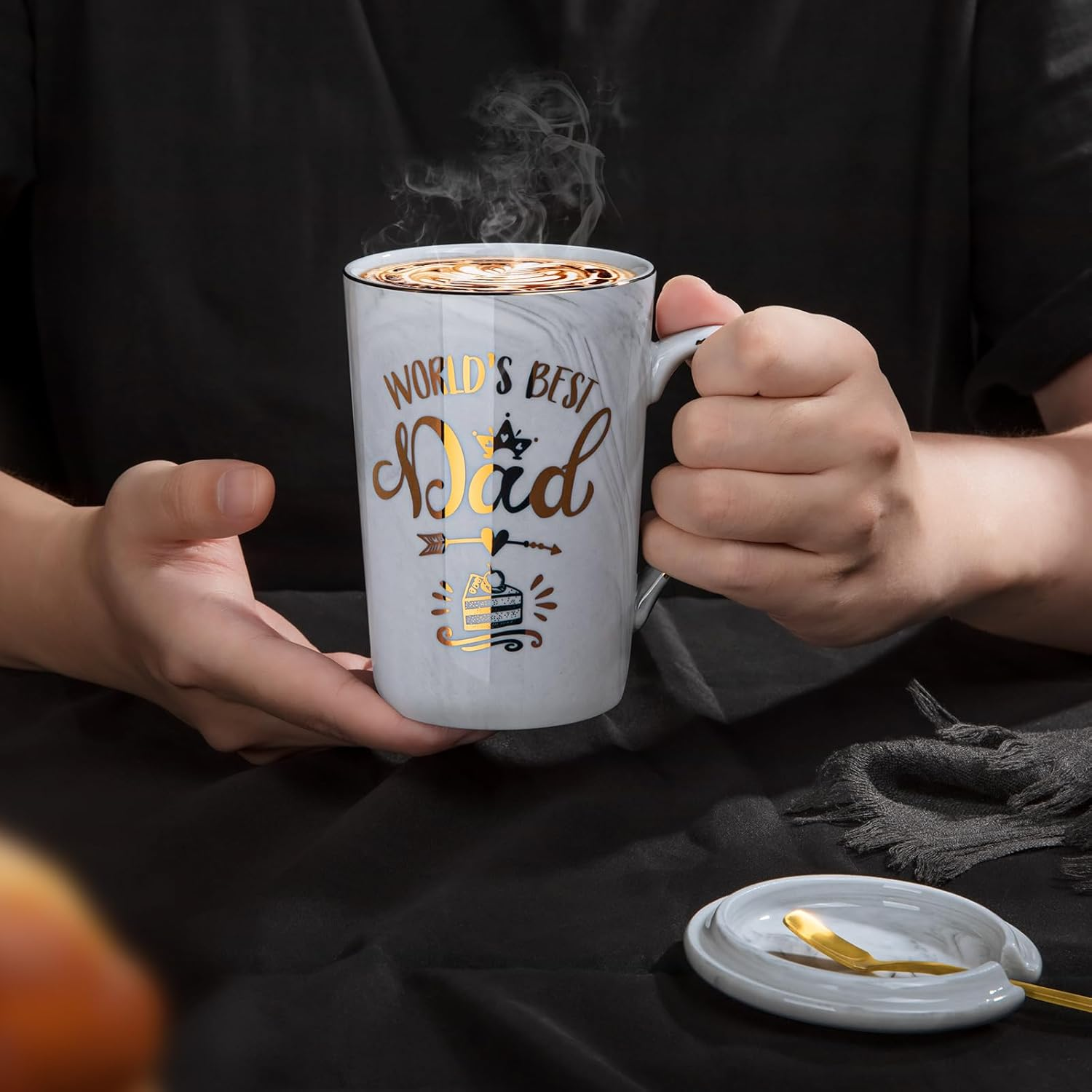 Fathers Day Gift from Daughter Son - World'S Best Dad - Daddy Mug Printed with Gold, Funny Dad Birthday Gifts Present for Dad, 14Oz Grey Ceramic Coffee Cup with Lid, Spoon, Greeting Card, Gift Boxed image number 4