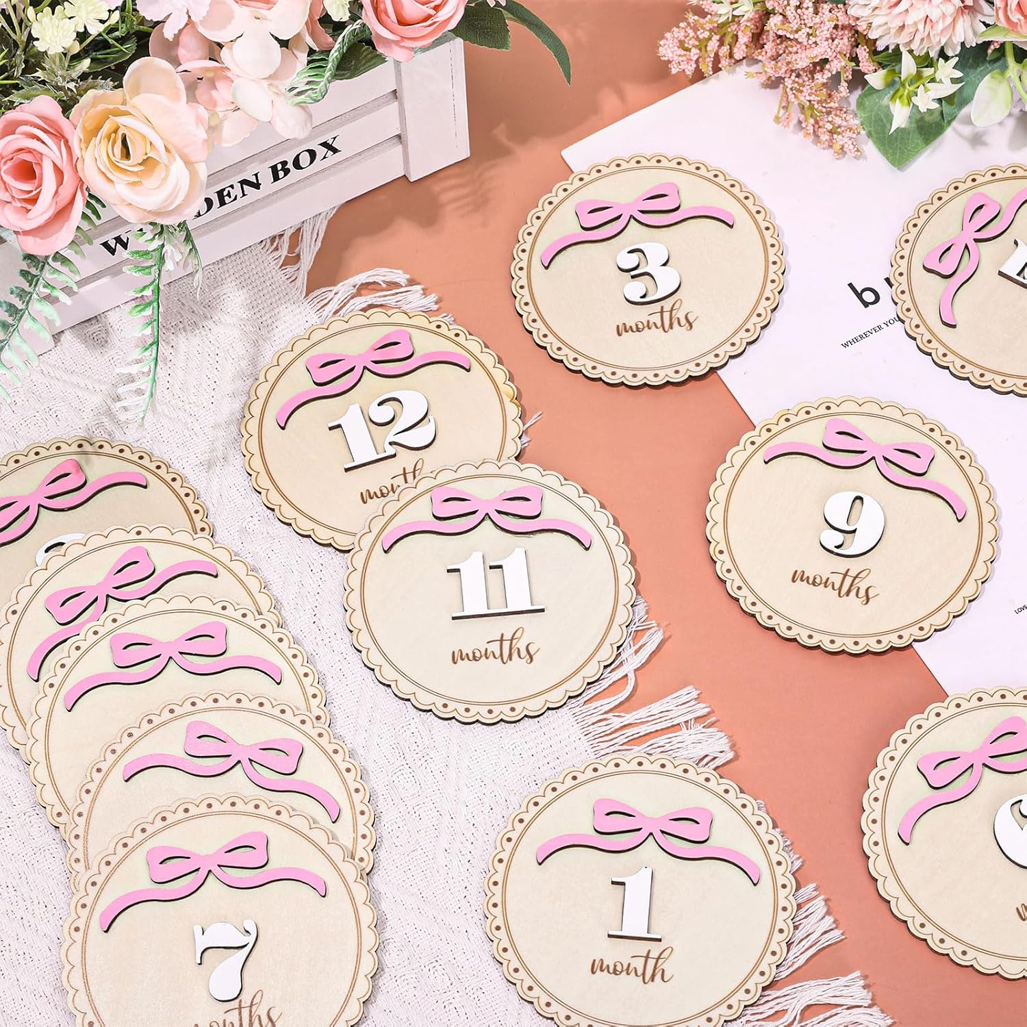 12 Pcs Pink Bow Baby Monthly Milestone Cards Bowknot Wooden Marker Discs Month Announcement Sign for Pregnancy Newborn Baby Growth Photo Prop Decor Supplies image number 2