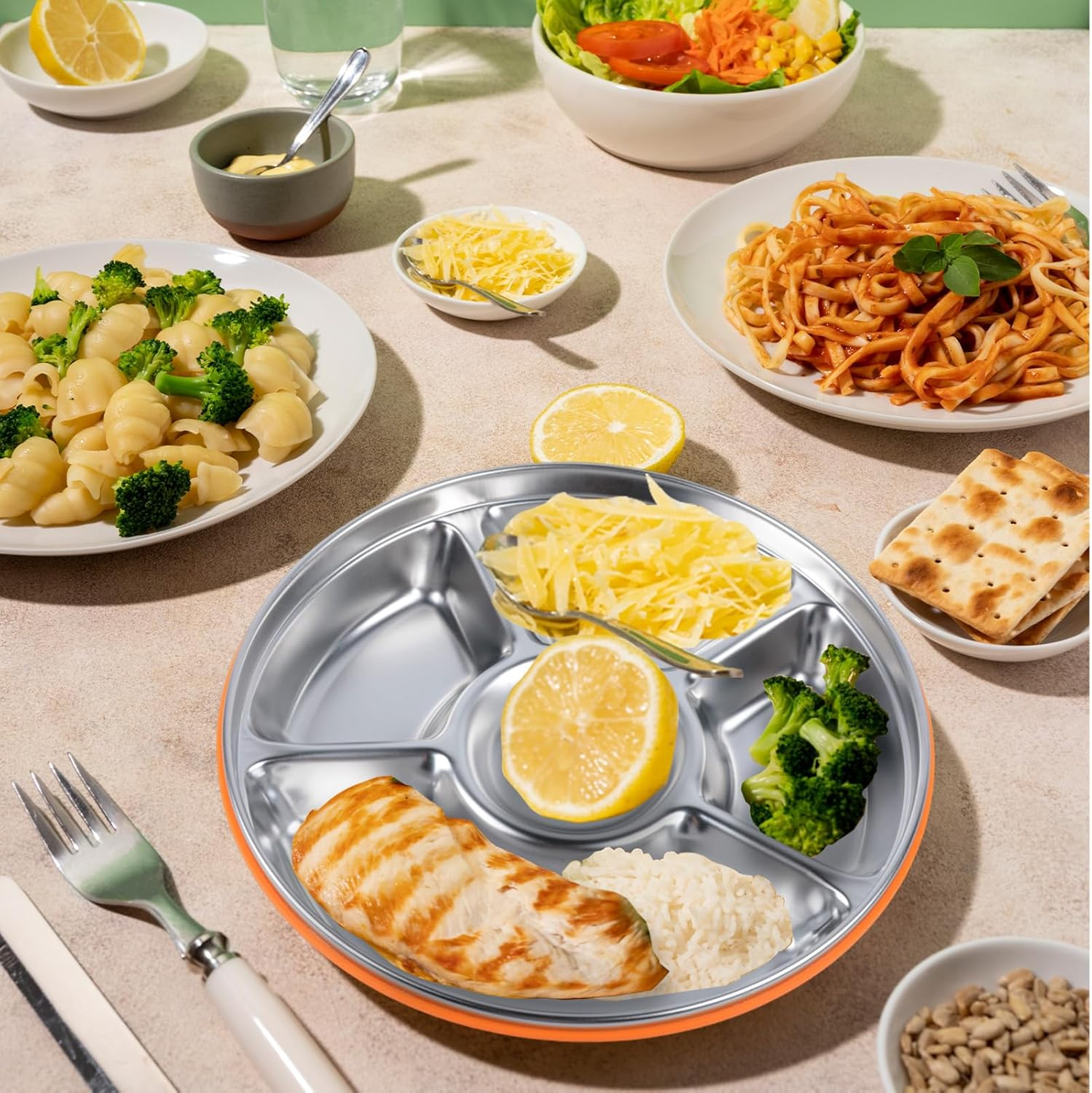 Stainless Steel 5 Compartment 10-Inch 60 Oz Covered Veggie Tray with Divider - Perfect for Parties, Picnics, and Salad - Snack Container with Dip Compartment (PP Material Cover) image number 2