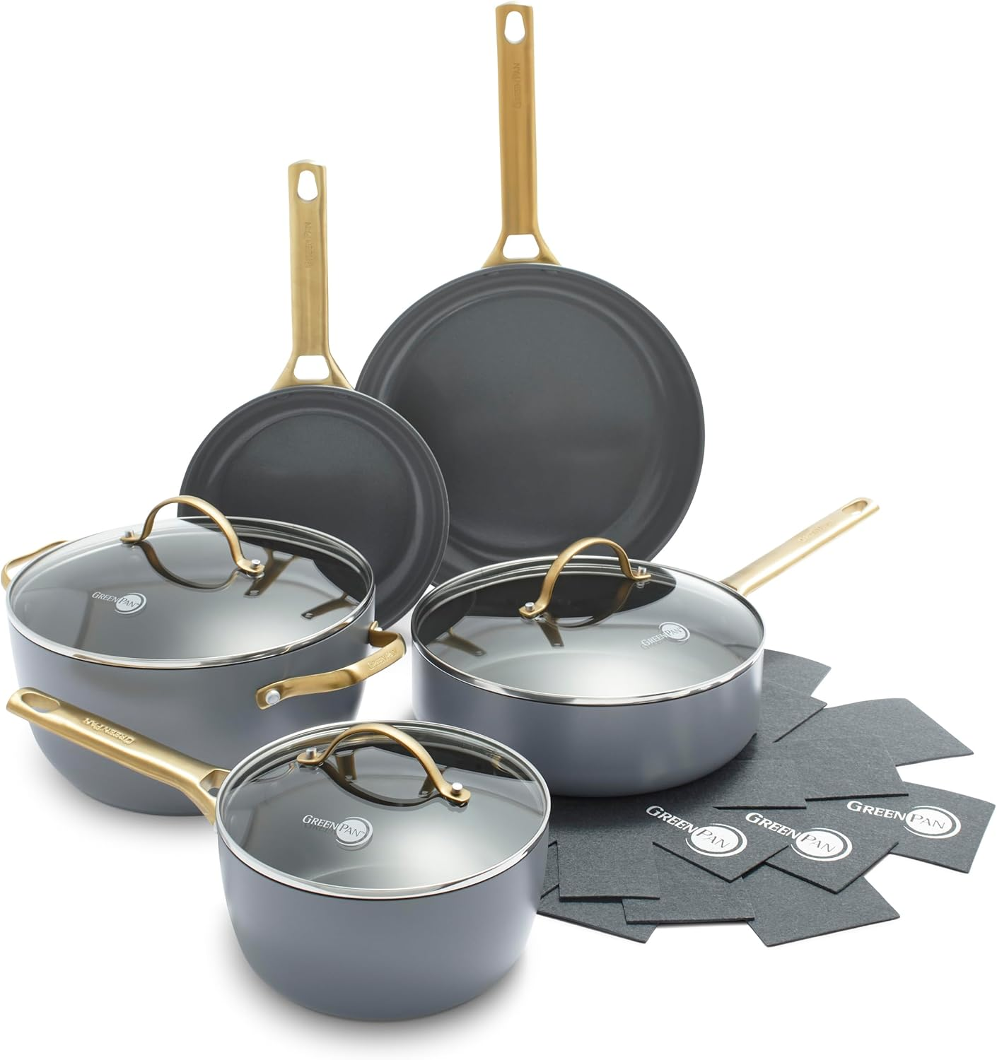 Greenpan Reserve Hard Anodized Healthy Ceramic Nonstick 8" 10" and 12" 3 Piece Frying Pan Skillet Set, Gold Handle, Induction, Pfas-Free, Dishwasher Safe, Oven Safe, Twilight Blue