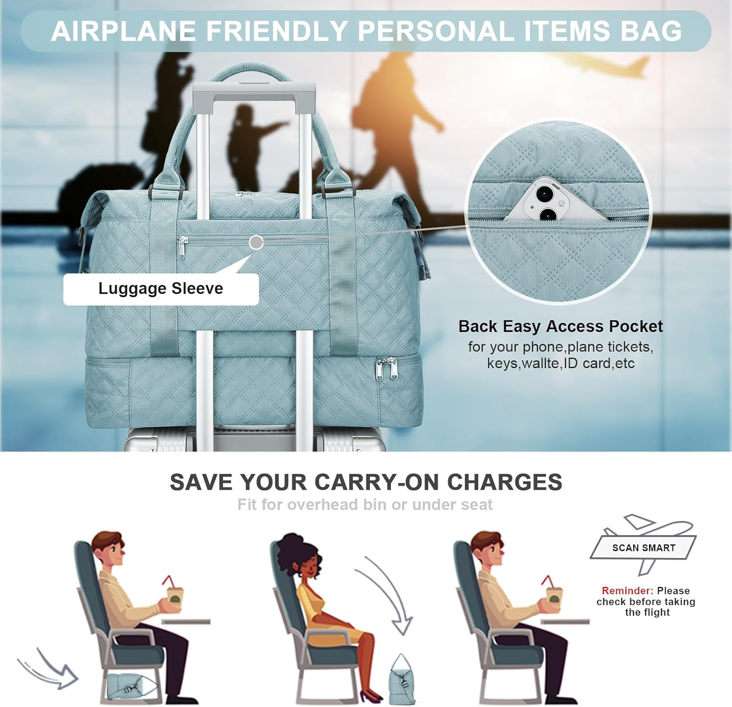 Travel Weekender Bag for Women, Carry on Overnight Bag with Shoes Compartment & Trolley Sleeve,Personal Item Bag