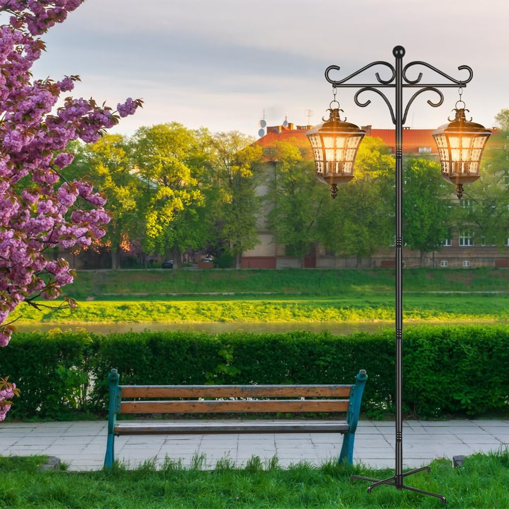Bird Feeder Pole Stand, 195Cm Approx.2M Adjustable Feeding Station Hanging with 2 Hook, Heavy Duty Freestanding Double Shepherd Crook for Outdoor Garden Light Lantern Plant Metal Hanger, Black image number 4