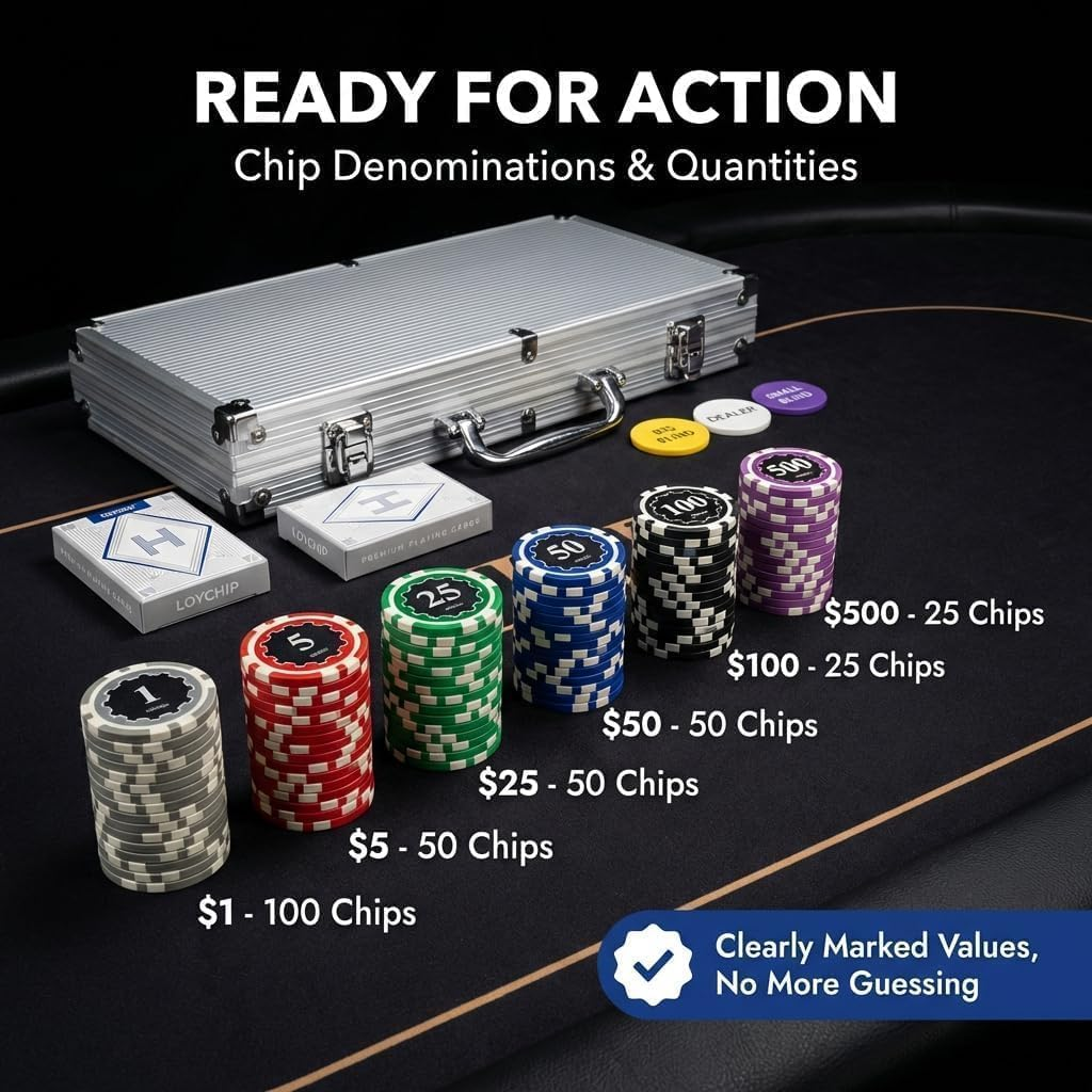 Poker Chips Set with Denominations, 300Pcs 11.5G Weighted Casino Chips, Aluminum Carrying Case, 2 Decks, 5 Dice & Dealer Buttons - for Texas Hold'Em, Blackjack, Family & Party Games