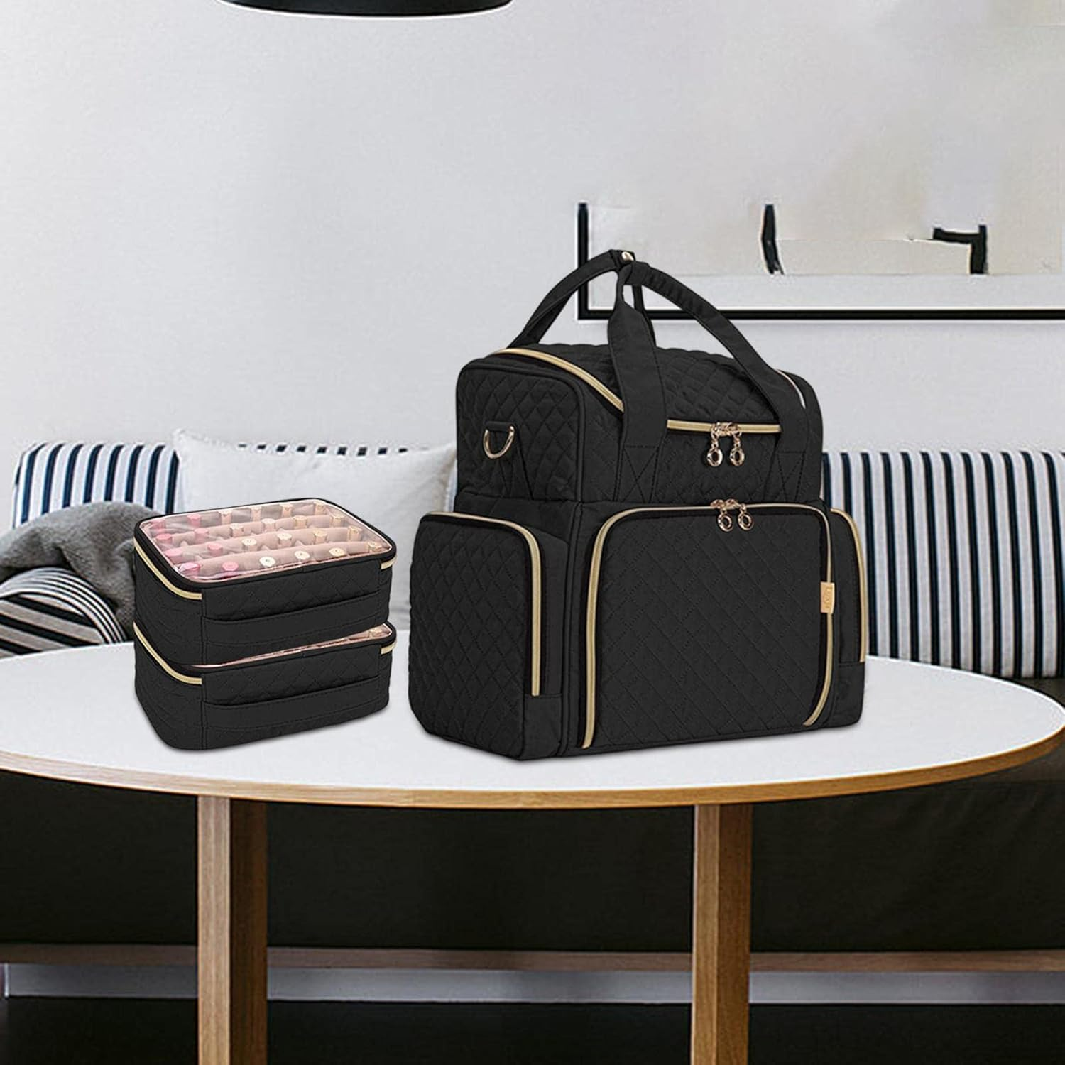 Nail Polish Carrying Case Bag Large Nail Polish Organizer Multifunctional with Mesh Pocket Sturdy Stitching Portable Large Handbag Organizer image number 5