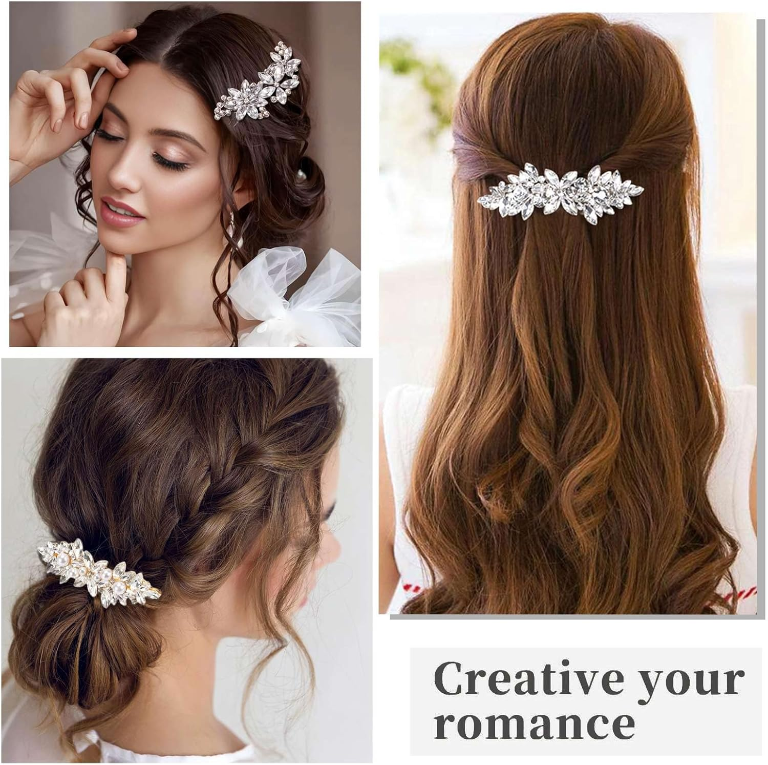 YUBBYSTU 3 Pcs Rhinestone Hair Clips, Pearl Hair Clip Flower Hair Barrettes Leaf Bridal Pins Crystal Decorative Headwear Accessories with Spring Clips for Women Girls Bridesmaid image number 1