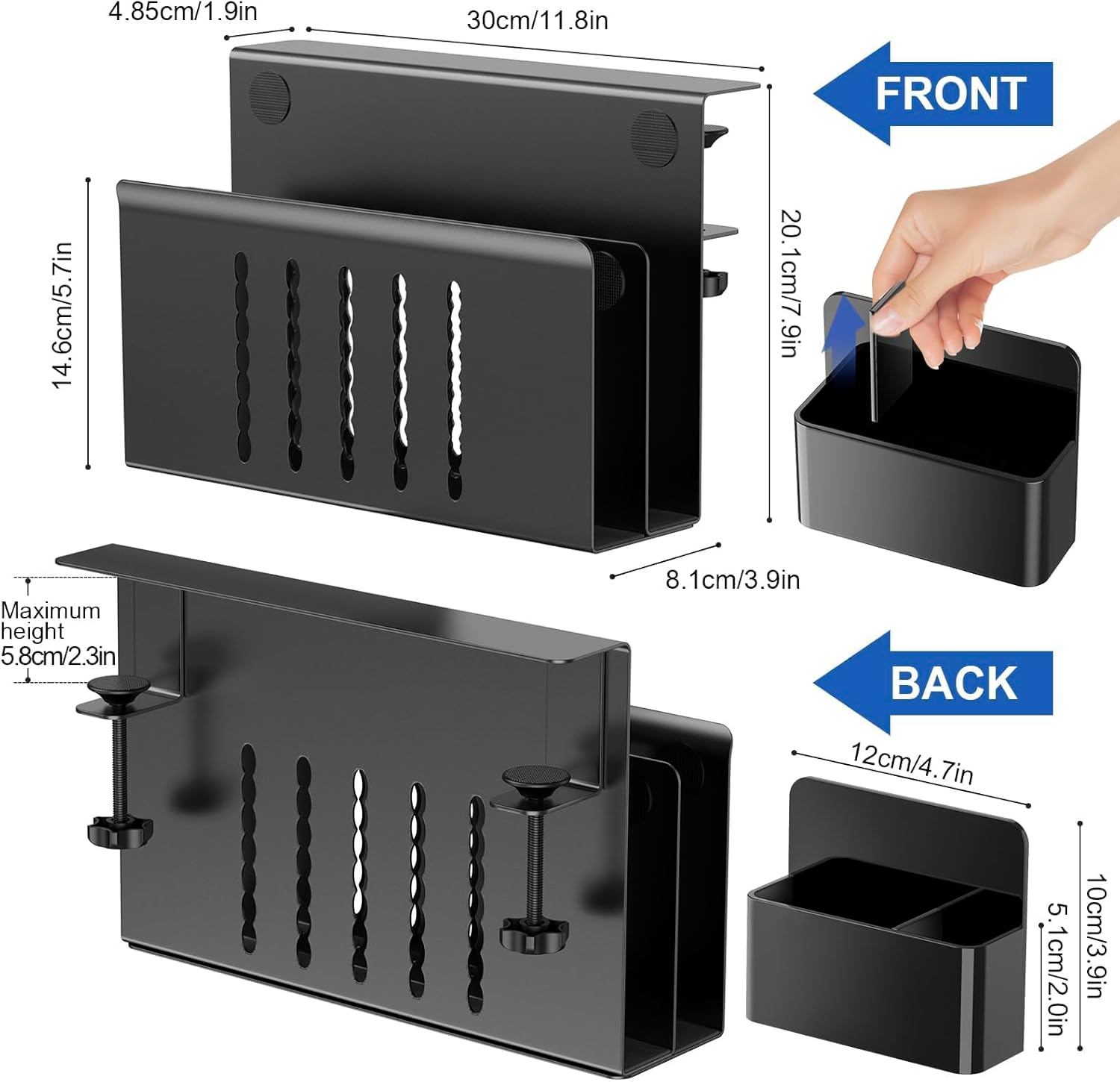 Desk Side Storage, 2 Tier Steel Hanging Desk Organizer with Magnetic Pen Holder, No Drilling Standing Desk Drawer Cable Management Tray, under Desk Laptop Holder for Office, School, Home (Black) image number 5
