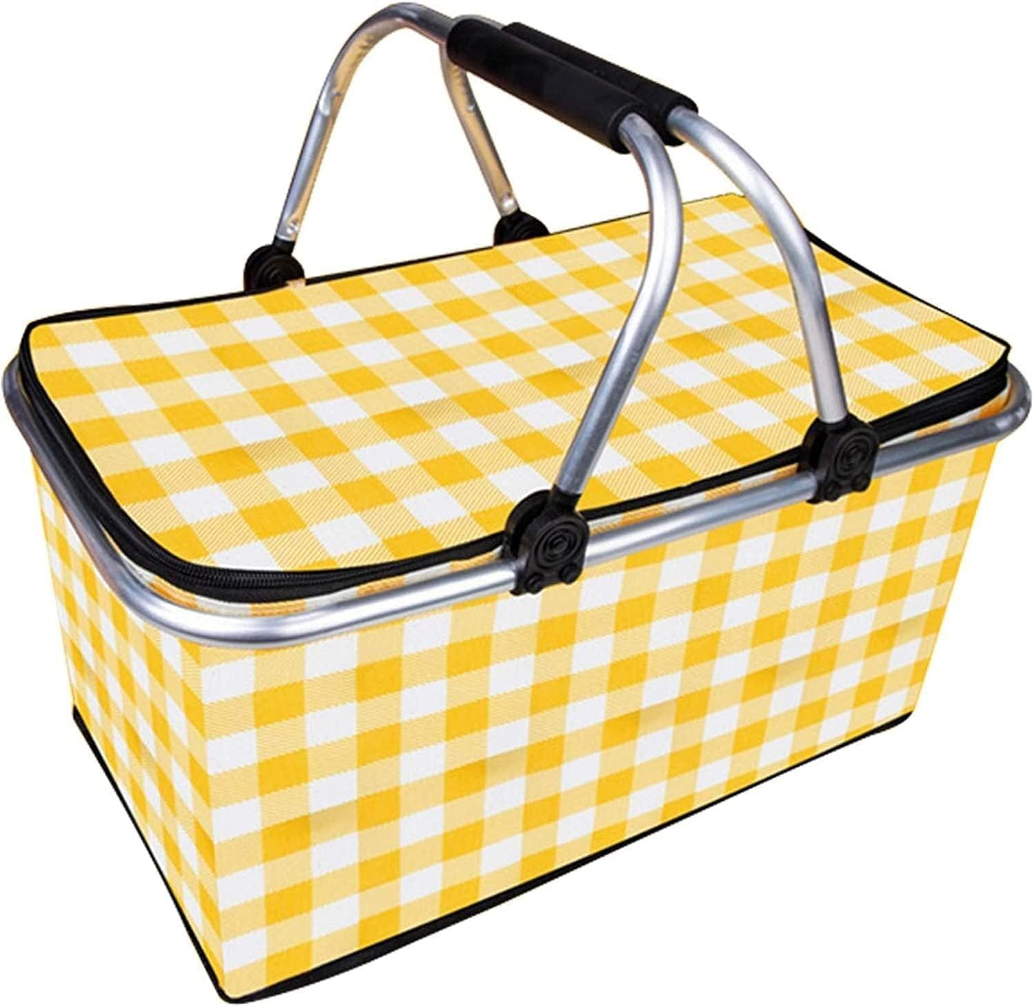 Insulated Cooler Bag-Folding Picnic Basket with Handle，Waterproof Lining - Collapsible Designfor Camping, Trips, Shopping, Outdoor Activities (Yellow)