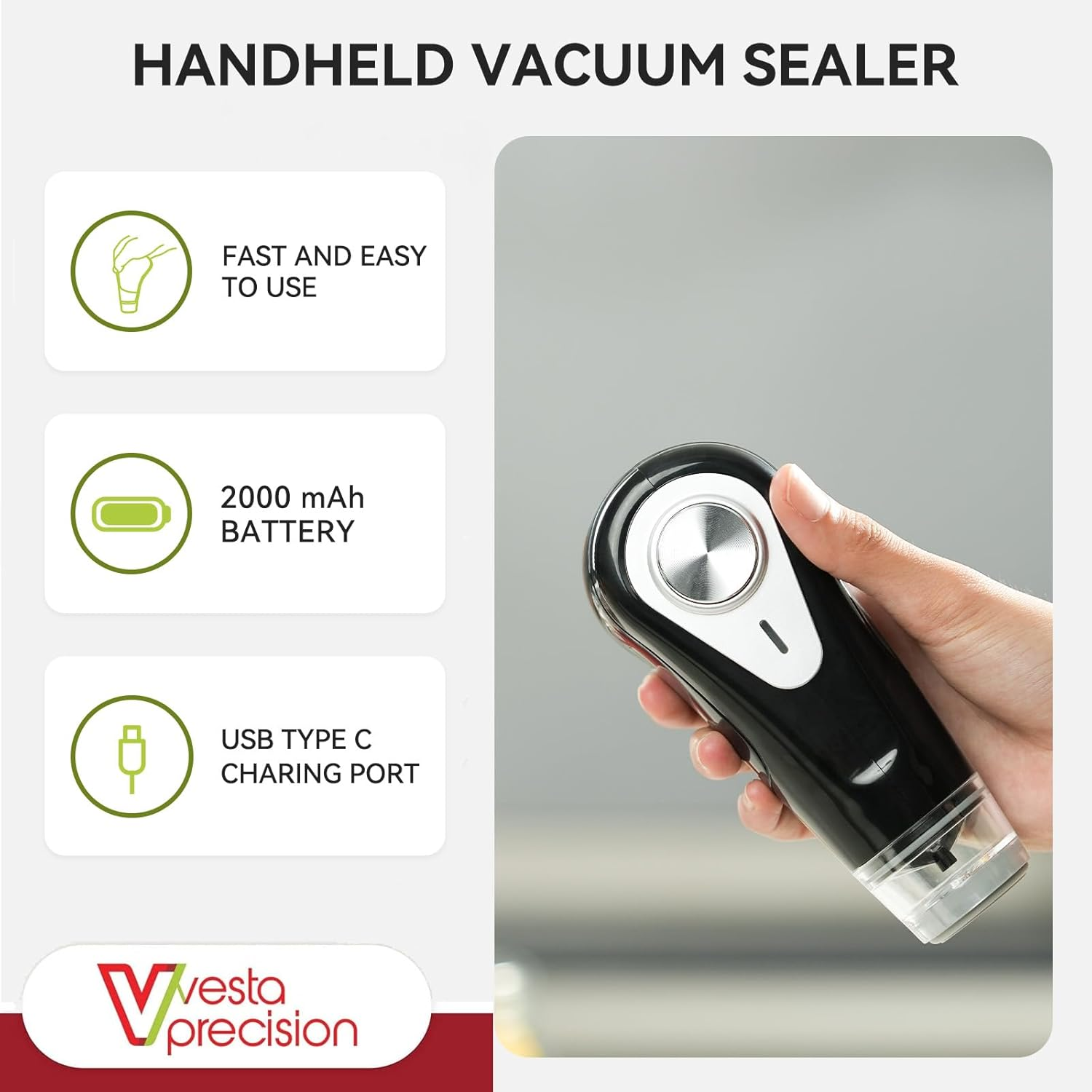 Vacuum Sealer by Vesta Precision - Handheld Vac 'N Seal | Extends Food Freshness | Fast and Powerful Vacuum | Compact Design | Long Battery Life | Works with Vacuum Bags, Bottles and Canisters image number 1