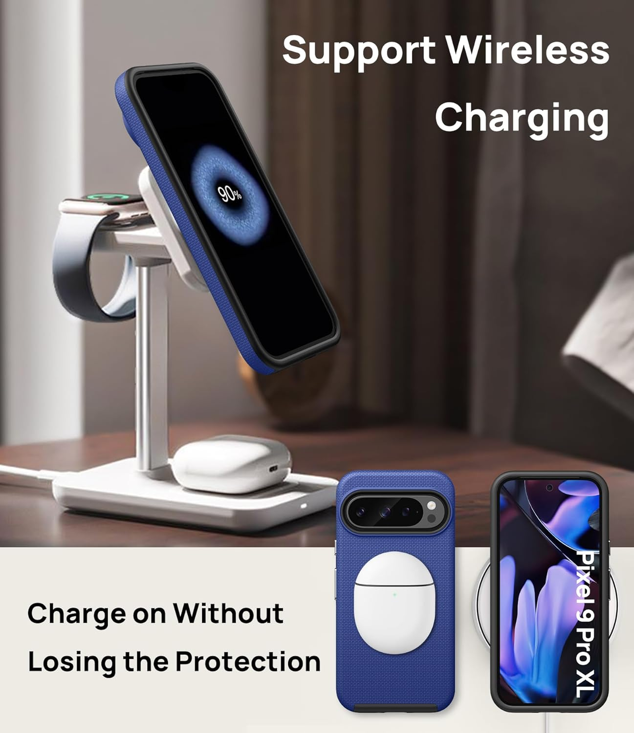 Vihibii for Google Pixel 9 Pro XL Case, [Double Layer Drop Protection] with 2X Screen Protector, Shockproof Silicone Inner Case & Rugged Outer Cover Phone Case for Google Pixel 9 Pro XL 2024, Blue image number 4