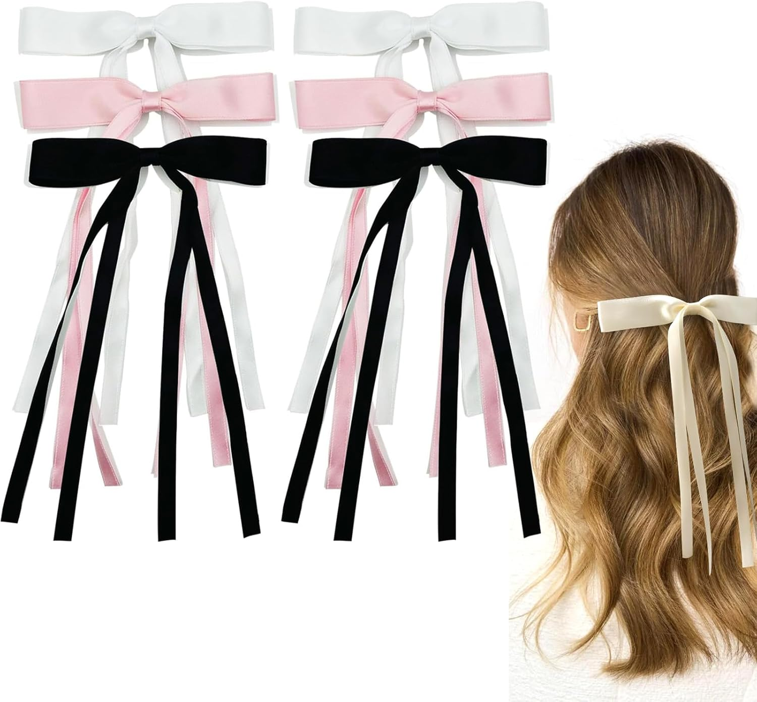 6 Pcs Hair Ribbon Bows with Long Tail Tassel Bowknot Hair Clips with Long Tail Silky Satin Metal Clips Ponytail Hairstyle Accessories for Women Girls Toddlers Teens Kids image number 4