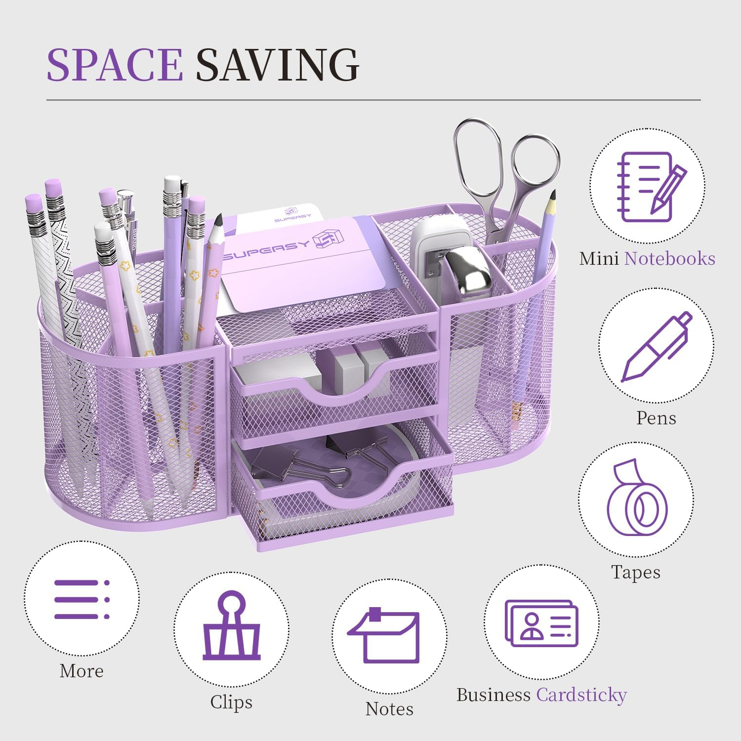 SUPEASY Mesh Desk Organizer, Desk Organizers and Accessories, Pen Holder with Drawers, Pencil Holder for Desk with 2 Drawer for Office Supplies, Purple image number 1