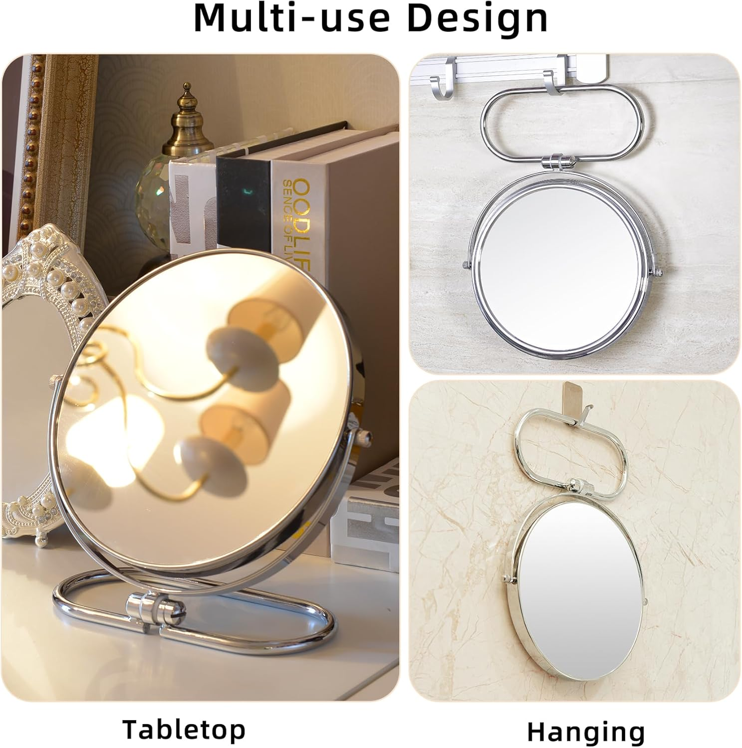 Portable Folding Travel Makeup Mirror,1X/3X Magnifying Vanity Mirror,Double-Sided 360&deg; Swivel,Handheld & Wall Hanging Metal Mirror for Home and On-The-Go Use,No Light (3Inch) image number 4