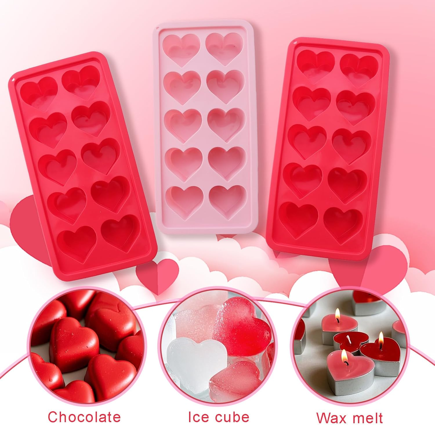 3 Pcs Heart Shaped Ice Cube Trays 10-Cavity Heart Shaped Silicone Molds Pink Red Heart Ice Cube Molds for Ice Cubes, Chocolate, Cocktails, Whiskey, Candle image number 4