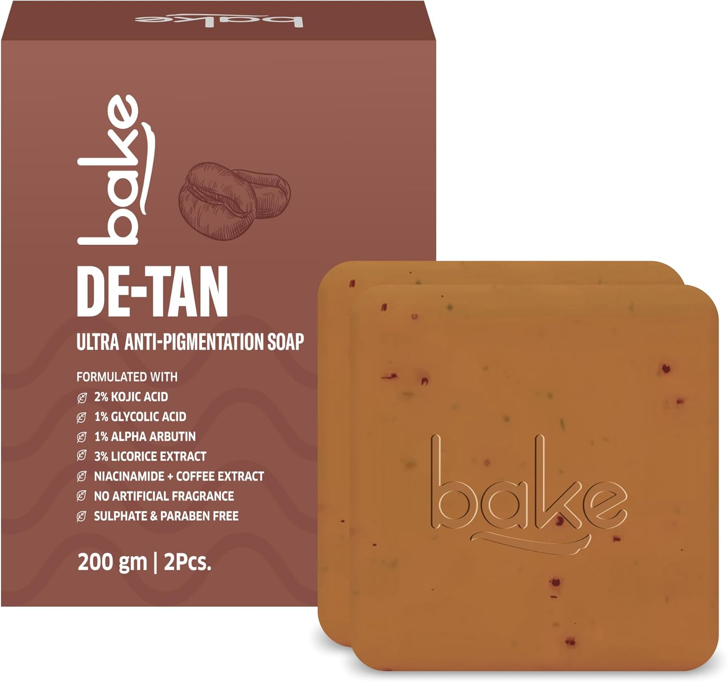 BAKE De-Tan Scrub Treatment Coffee Soap (200Gms Pack of 2) | Ultra Pigmentation Soap | with 2% Kojic Acid, 1% Glycolic Acid, 1% Alpha Arbutin | | for Pigmentation, Dark Spots & Tan image number 2