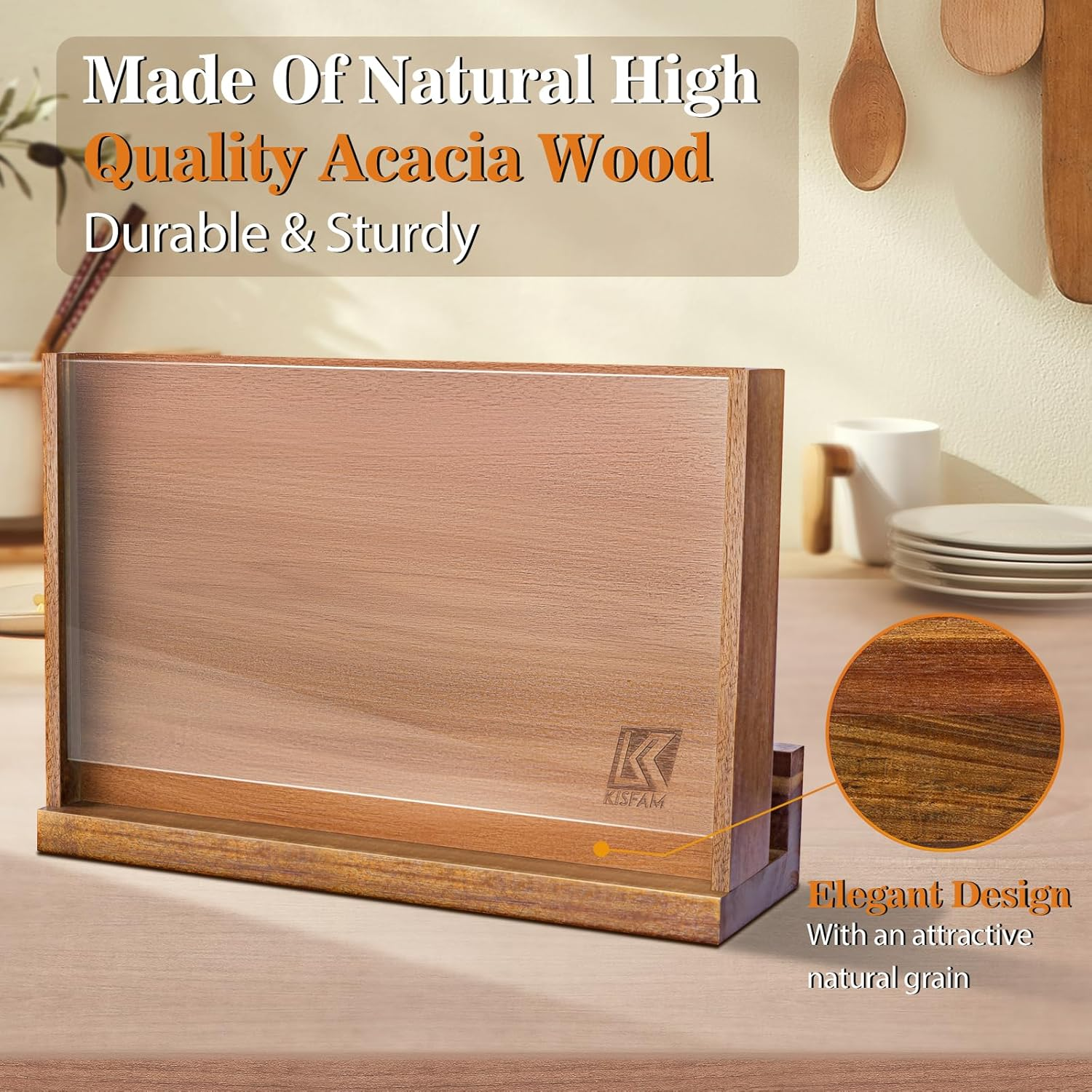 Magnetic Knife Holder, Wooden Knife Block with Double Sided Strong Magnets and Acrylic Protection Shield for Kitchen Multifunctional Knife Storage Knife Block without Knives (38Cm)