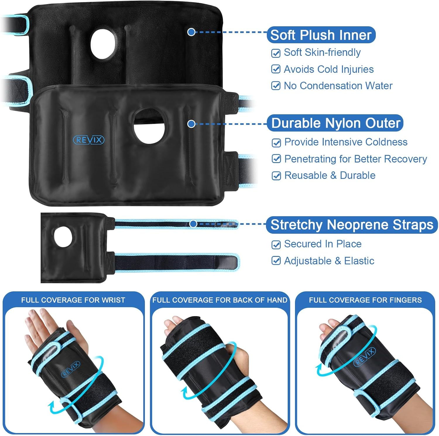 REVIX Wrist Ice Pack Wrap for Carpal Tunnel Relief, Reusable Gel Ice Packs for Hand Injuries, Cold Compress, Swelling, Sprains and Tendonitis (1 Pack), Black image number 3