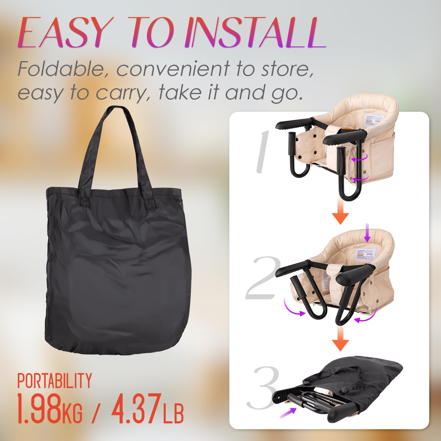 Hook on High Chair,High Chair for Babies and Toddlers 6-36 Months,Portable and Foldable High Chair for Home and Travel-Includes Storage Bag(Khaki) - Khaki image number 2