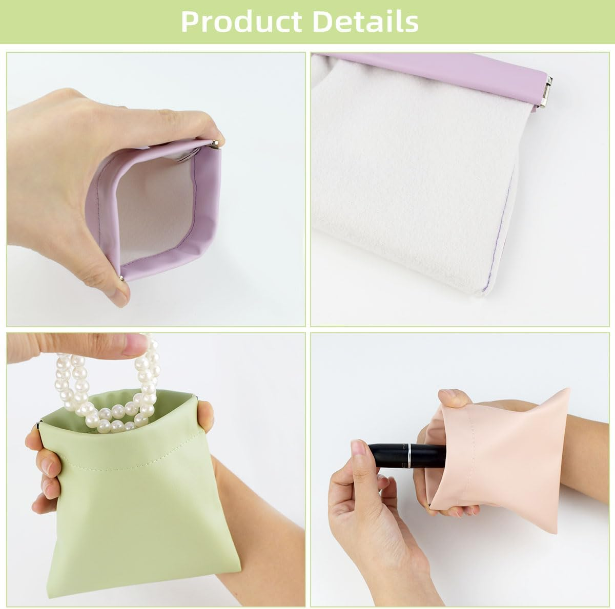 4 Pcs Cosmetic Bag Snap Closure Leather Organizer Pouch Small Makeup Bag for Purse Self-Closing Pocket Cosmetics Bags for Women Portable Waterproof Mini Travel Storage Pouch for Jewelry Squeeze Top
